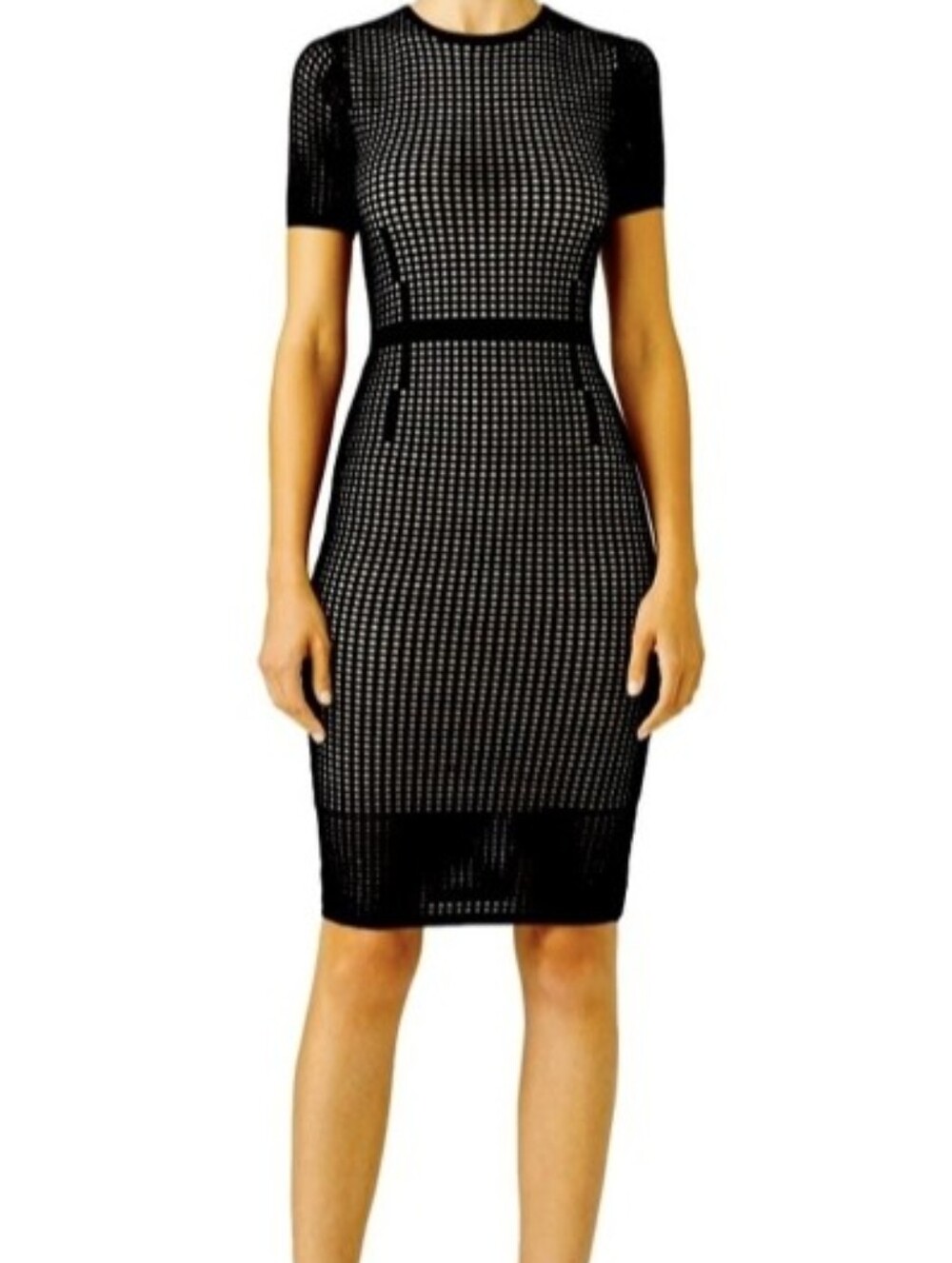 Revolve John & Jen Black Short-Sleeve Sheath Dress with Grid Texture